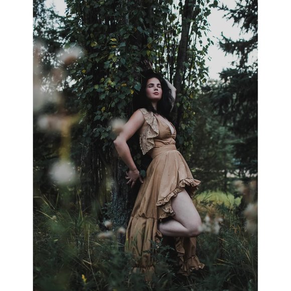 Vintage Women's Tan Victorian Boho Style Handmade Layered Ruffle Dress New - Picture 9 of 11